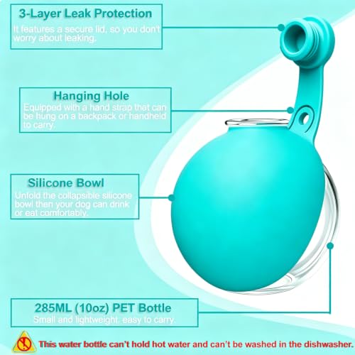 Image of Dog Water Bottle Portable, 2in1 Round Dog Water Bowl PET 10oz | Leak Proof Pet Water Dispenser, Foldable Silicone Bowl Drinking Bottle for Dogs Puppy Cats Travel Walking Hiking Camping Blue