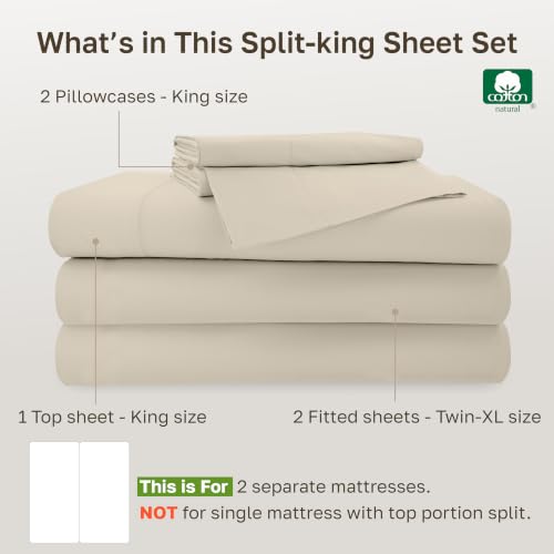 Image of California Design Den 500TC 100% Cotton Split King Size Sheets Set, Beige | Good Housekeeping Seal, OEKO-TEX Certified, Silky-Soft Sateen Weave, 5pc Set, 15 inch Deep Pockets, For Hot Sleepers, All-Season