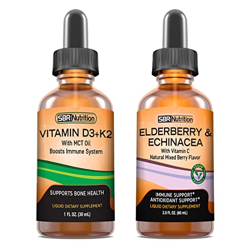 Sbr Nutrition D3+K2 And Elderberry Bundle Vitamin D3K2 (Mk7) Liquid Drops, Peppermint,1Oz | Elderberry & Echinacea & Vitamin C Liquid Drops, 2Oz | Adults & Kids | Non-Gmo, Gluten Free #TOP15