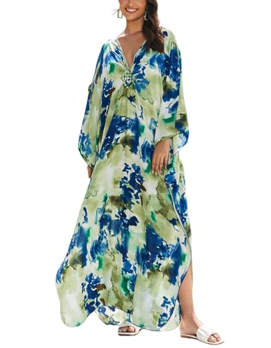 Women’s Floral Print 3/4 Sleeve V-Neck Kaftan Dress - Plus Size Beach Bathing Suit Swim Cover-Up