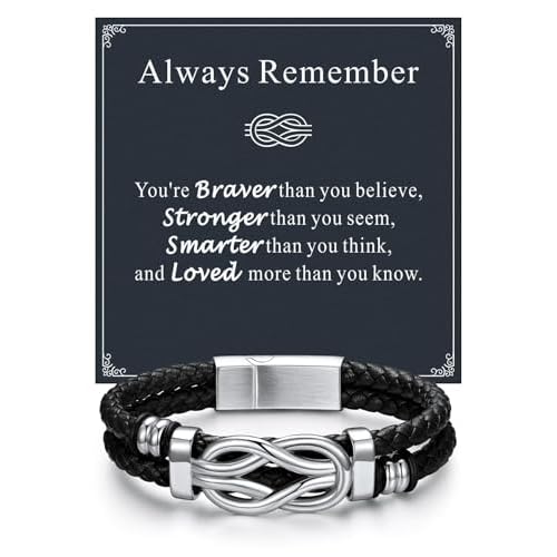 ChainsHouse Square Love Knot Bracelets for Men Braided Leather Stainless Steel Infinity Bracelets with Love Message Card Aniversary Birthday Gift for