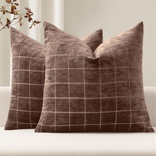 Image of MIULEE Reddish Brown Plaid Fall Decor Throw Pillow Covers 24x24 Set of 2 | Vintage Check Chenille Couch Pillows Boho Farmhouse Cushion Covers Modern Fall Home Decor for Sofa Bed Living Room