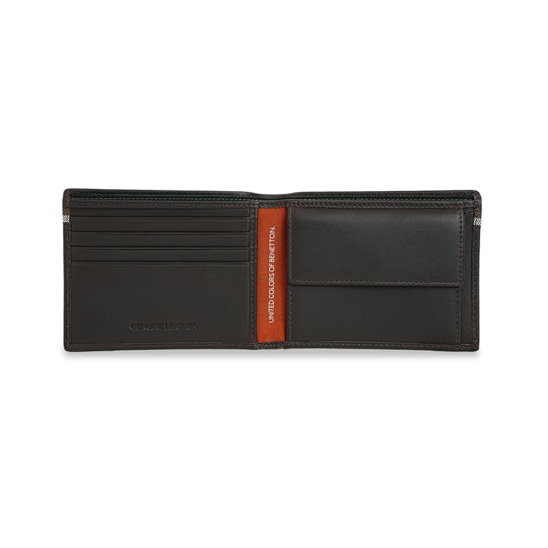 Image of United Colors of Benetton Men Global Coin Wallet Wiltshire Brown Pure Leather Wallet for Men Original Bi Fold Design Top 10 Branded Leather Wallet Style with Dual Currency Slots