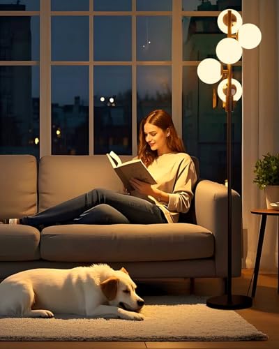 Image of Lightdot Dimmable (Brightness Adjustable) Globe Floor Lamp, Black Retro Standing Lamps with 5x3000K G9 Bulbs Included, Mid Century Modern Floor Lamp for Living Room /Bedroom /Sofa Beside /Corner Decor