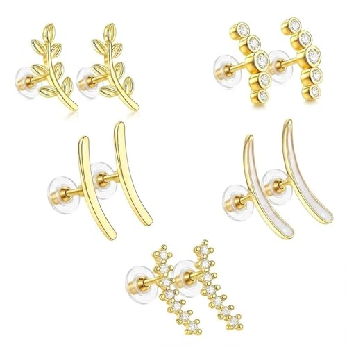 Image of VAMA FASHIONS 5 Pair 18K Plated Multiple Pericing Anti Tarnish Stud Earrings Hypoallergenic Helix Tragus Waterproof Lightweight Ear Studs Combo Set For Women