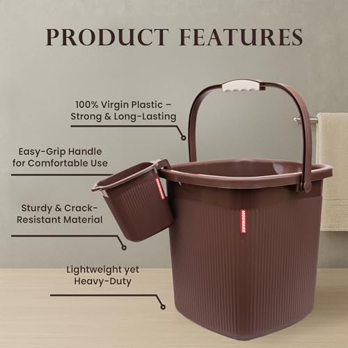 Image of Modware Square Ribbon Plastic Bucket Set with Mug | 18L Brown Bathroom Bucket with Handle + 1L Mug | Heavy-Duty Polypropylene + Co-Polymer | Stylish & Durable Bath Set (Brown)