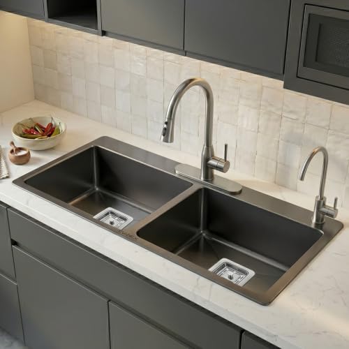 Image of EVANEX Double Bowl Kitchen Sink with Tap Hole 45x20x10 inch Double Sink for Kitchen 304 Stainless Steel Handmade Black Kitchen Sink Including Couplings, Waste Pipe, Connector and Drain Basket