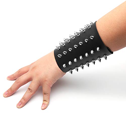 Hzman Unisex Black Metal Spike Studded Punk Rock Biker Wide Strap Leather Bracelet (Spike) #TOP1