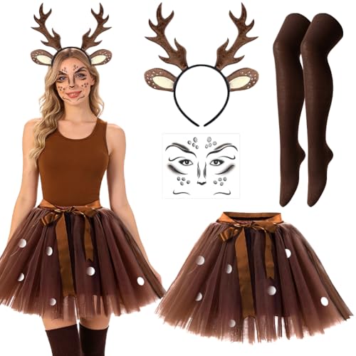 Bukbas Karneval Kostüm Damen Reh Kostüm Damen mit Reh Haarreif Tüllrock Braun Socken Rehface Tattoo Reh Kostüm Accessorie Faschingskostüm für Karneval Fasching Mottoparty Cosplay