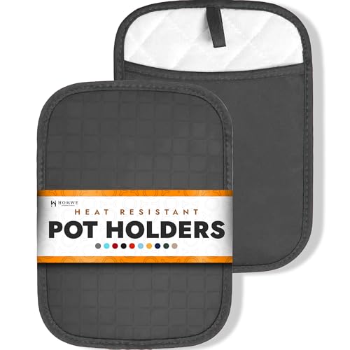 HOMWE Silicone Kitchen Pot Holders with Pockets, 2 Pc Set Trivet, Steam and Heat Resistant Hand and Countertop Protection Hot Pads, Non-Slip Grip potholders, Terrycloth Interior Lining, Gray
