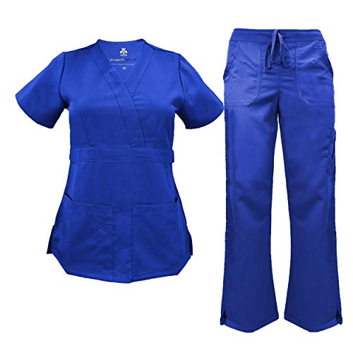 Soft Premium Mock Wrap Professional Work-Wear Women Top and Pant Set (True Royal Blue, Small)