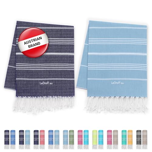 LeStoff Premium Hammam Towel (Set of 2) – 100% Organic Cotton - Pre-washed Sustainable Absorbent & Quick-Drying - Beach, Bath, Shower, Yoga, Spa & Travel Towel (95 x 180 cm, Navy - Light Blue)