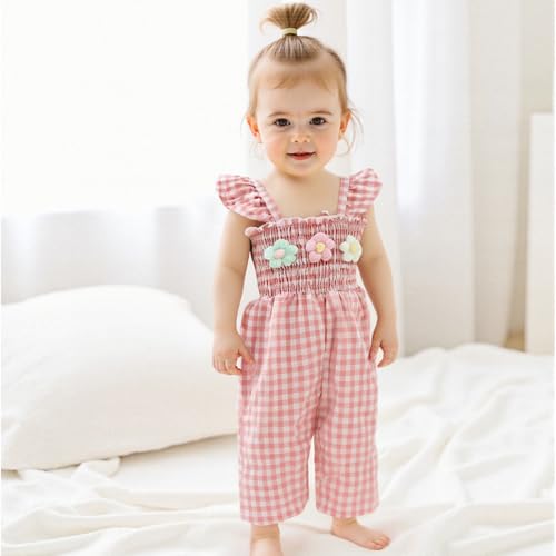 Baby Girl Summer Clothes Toddler Plaid Ruffled Smocked Romper Wide Leg Overalls Sleeveless Suspender Jumpsuit3