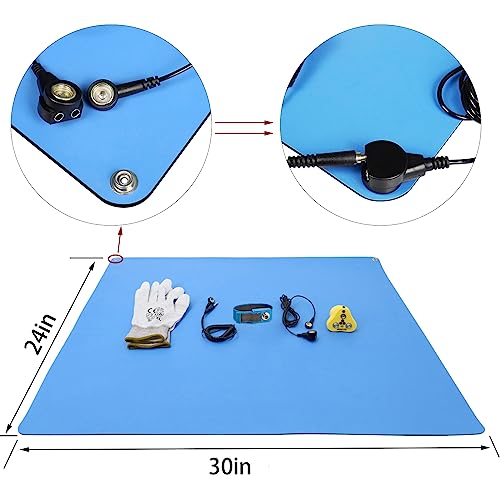 Image of Aidacom 24x15 Inch ESD Anti Static Rubber Mat for Work Table Bench Floor with Wrist Strap, Antistatic Gloves, Earth Plug, Grounding Cord for ESD Sensitive Device Repair Assembly Soldering PC Building