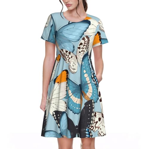 Robe d'été imprimé papillon fluide et élégante à manches courtes pour femme