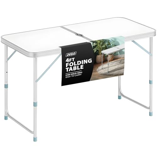 ZENO Folding Table 4FT 1.2M | Camping Table | Adjustable & Portable Folding Tables Great for Garden, Picnic, Party, BBQ, Office | Aluminium Camping Tables That Fold Up With Parasol Hole