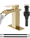 GBBNE Waterfall Bathroom Faucet 1 Hole, Single Hole Bathroom Faucet, Single Handle Vanity Sink Faucet with Deck Plate, Pop-up Drain & Supply Lines, Brushed Gold
