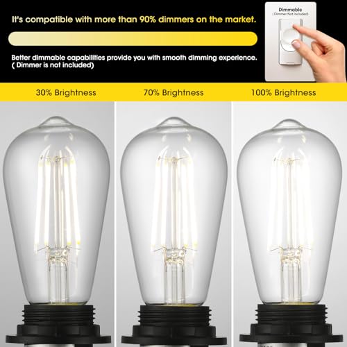 Image of Gozelux Edison Light Bulbs 60W Equivalent, Dimmable Vintage LED Light Bulbs, E26 Medium Base, Cool White 4000K, ST58, 6W, 750LM, 90+ CRI, Antique Decorative Filament LED Bulb, Clear Glass, Pack of 4
