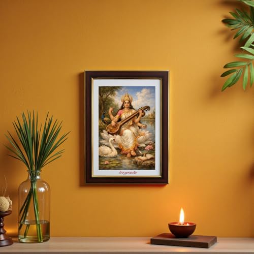 Image of divyamandir Maa Saraswati Framed Wall Art (18 x 14 Inches) | Traditional Hindu Goddess Painting with Glass Frame | Decorative Photo Frame for Home, Pooja Room & Office Decor (Maa Saraswati)