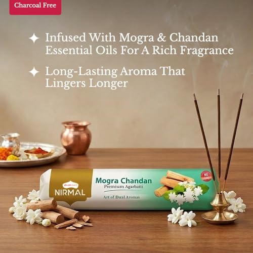 Image of Shubhkart Nirmal Mogra Chandan Premium Agarbatti Sticks | Charcoal Free Muttha Incense for Puja, Meditation & Aromatic Environment | Long Lasting Floral Fragrance for Stress Relief | 250g