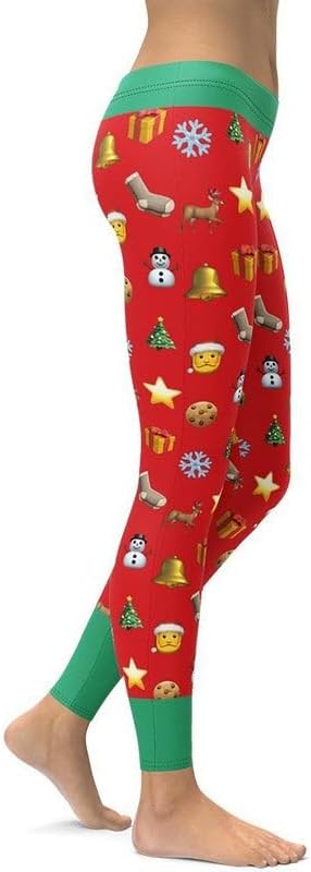 FIERCEPULSE Christmas Emoji Leggings for Women - Soft Mid Waist Holiday Icon Printed Yoga Pants Stretchy Workout Gym Tights
