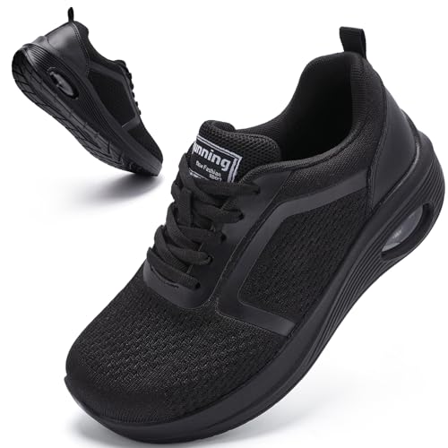 Femklick Womens Wide Width Air Cushion Walking Shoe Mesh Sneakers Black 7.5