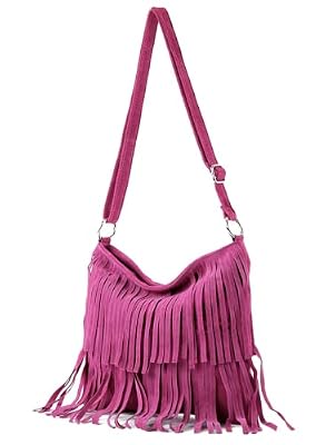 Modarno Borsa a tracolla con frange in camoscio - borsa tracolla donna in pelle scamosciata (Fucsia)