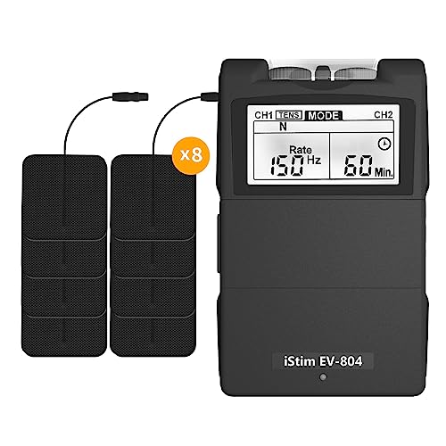 iSTIM EV-804 TENS/EMS 2 Channel Rechargeable Combo Machine Unit - Muscle Stimulator + Back Pain Relief and Management- 7 modes/24 Programs/Backlit (Including Electrodes Pads)