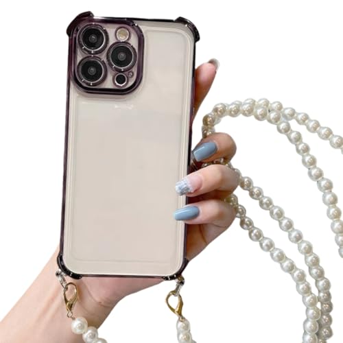 Coque de téléphone antichoc iPhone 14 violette avec lanière perles pour garder les mains libres