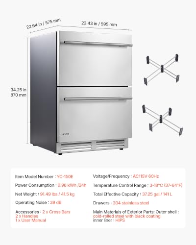 Image of VEVOR Drawer Refrigerator, 24 in Undercounter Beverage Fridge, Large Capacity, Drink Cooler with 304 Stainless Steel Drawers, Temp Control, Powerful Compressor, for Kitchen, Office & Game Room