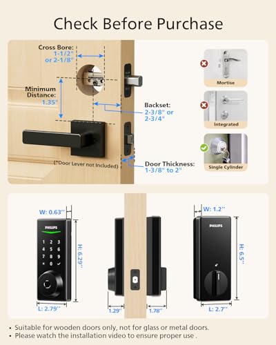 Philips Fingerprint Keyless Entry Door Lock, Electronic Door Lock with Touchscreen, Long-Lasting Battery, Auto Locking, One-Time Code, Keypad Deadbolt, One-Touch Locking, Matte Black - image 9