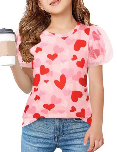 Arshiner Camiseta Infantil Túnica Roja Forma Corazón Blusa Mangas Abullonadas Tops Verano Ocio Camisetas Escolares Niñas Camisetas Cuello Redondo Ropa 7-8 Años