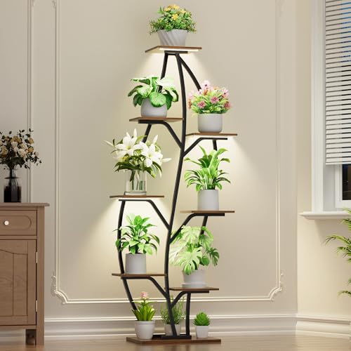 Image of Plant Stand Indoor with Grow Lights - Lighted Indoor Plant Shelf, 63 inch 8 Tier Corner Plants Stands for Indoor Growing, Leaf-Shaped Tall Flower Display Shelves Holder for Living Room, Bedroom, Black