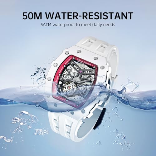 Image of TSAR BOMBA Men's Automatic Watch Tonneau Luxury Skeleton Watches for Men Mechanical 50M Waterproof Analogue Watches Mens Unique Cool Square Big Face Dial Wristwatch with Silicone Strap Band
