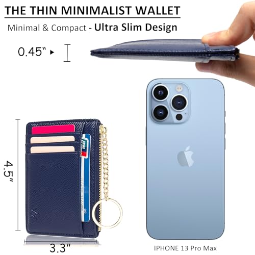 Image of Valentoria Slim RFID Blocking Card Holder Small Pocket Wallet Keychian Zipper Coin Purse Mini Cash & Coin & Cards Case for Women Men, Royalblue, s, Slim Rfid Blocking Card Holder Small Pocket Wallet