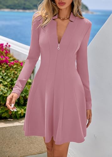 Lazysmile Fall Dresses for Women 2025 Long Sleeve V Neck Half Zip A Line Swing Casual Party Club Mini Short Dress Pink — view 6
