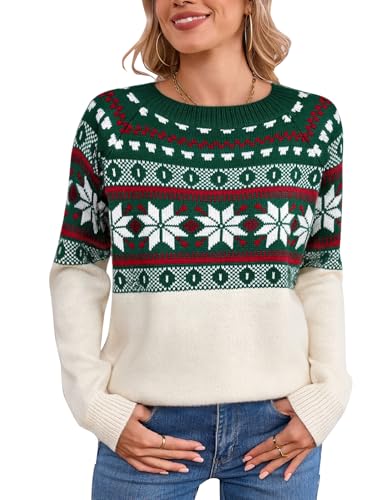 Image of Women's Fair Isle Sweater Crew Neck Long Sleeve Heart Sweater Vintage Tops