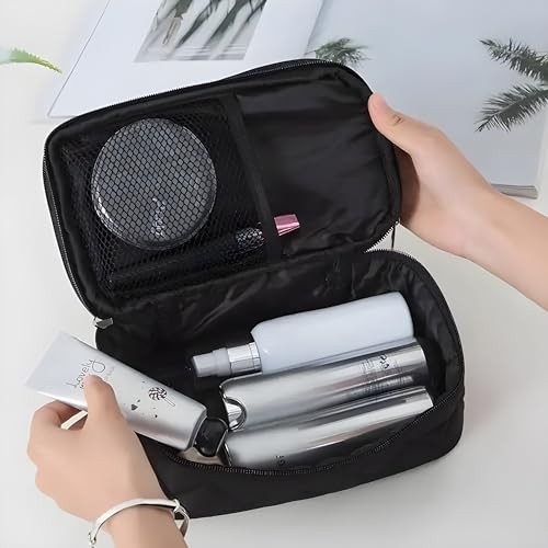 Image of Polyester Cosmetic Bag Travel Professional Cosmetic Makeup Kit Storage Organizer Toiletry Vanity Bag with Adjustable Compartment (Black)