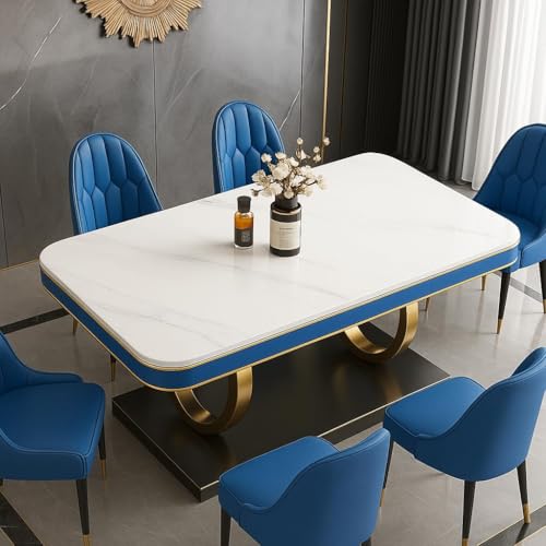 Image of 6-Seater Dining Table with Nano Composite Marble Top and PVC Golden Wooden Base |2yr Warranty - Includes 6 Fabric Upholstered Chairs (Blue, White Nano Composite Marble Top)