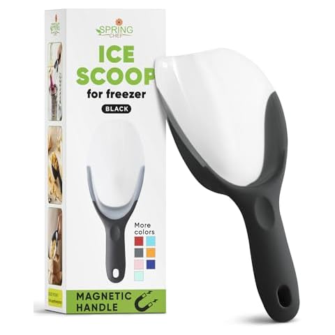 Spring Chef Magnetic Ice Scoop for Freezer, Contoured Translucent Flexi-Plastic Ice Scooper with Soft Grip Handle, Kitchen Ice Scoop for Ice Machine, Popcorn, Pet Food, Flour, Grains, Candy - Black Cover