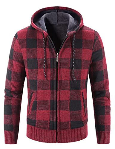 Image of Kinkia Men's Zip Up Hoodies Casual Long Sleeve Full Zipper Sherpa Fleece Lined Knit Cardigan Sweater Jacket with Pockets