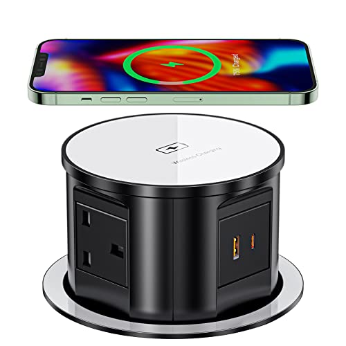 Pop Up Socket for Kitchen Countertops, Ohuo Concealed Built-in Power Socket with Wireless Charger, 4 UK Plugs, USB-C, 1.8M Cable