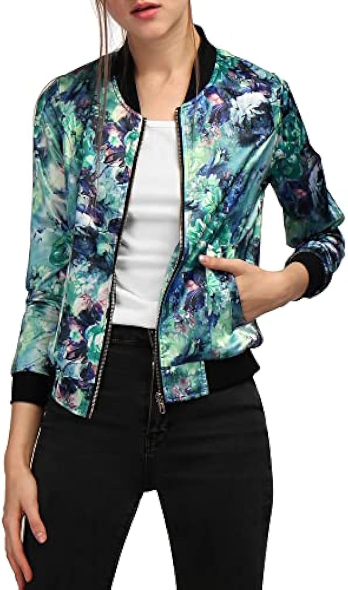 Allegra K 8127 Women's Stand Collar Zip Up Floral Print Bomber Jacket