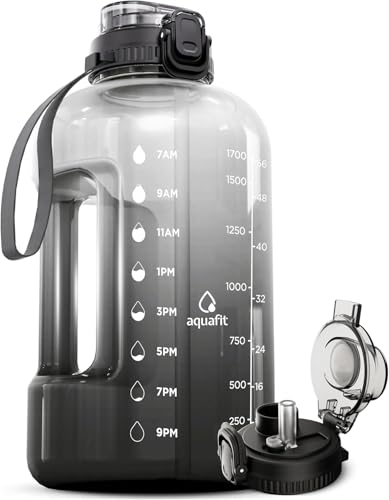 AQUAFIT Half Gallon Water Bottle with Time Marker - Straw & Chug Lid - BPA Free Gym Water Bottle with Straw - Big Gallon Jug (Midnight Gray, 64 oz - 2in1 Lid)