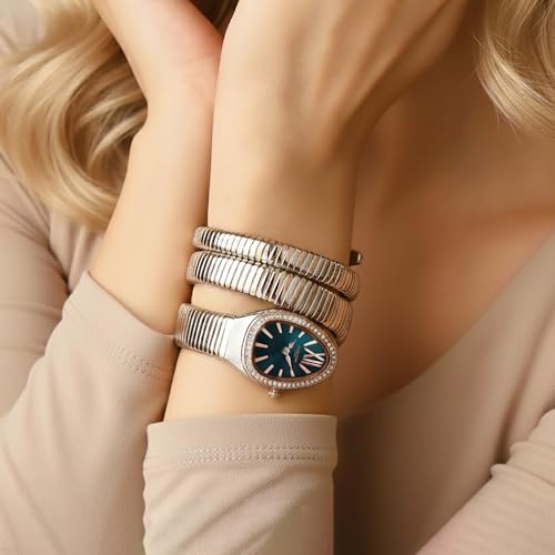 Image of Carlton London Women Charmer Analog Watch, Snake Design Bracelet, Stainless Steel Strap, Quartz Movement, 30M Water Resistant