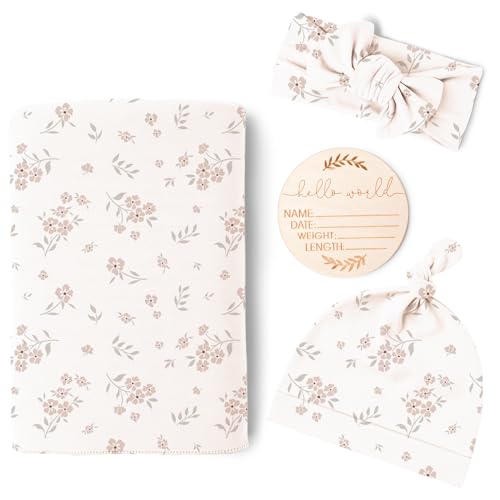 Image of Konssy Baby Girl Newborn Receiving Blanket with Matching Headband and Beanie Set Baby Swaddle Nursery Swaddle Wrap
