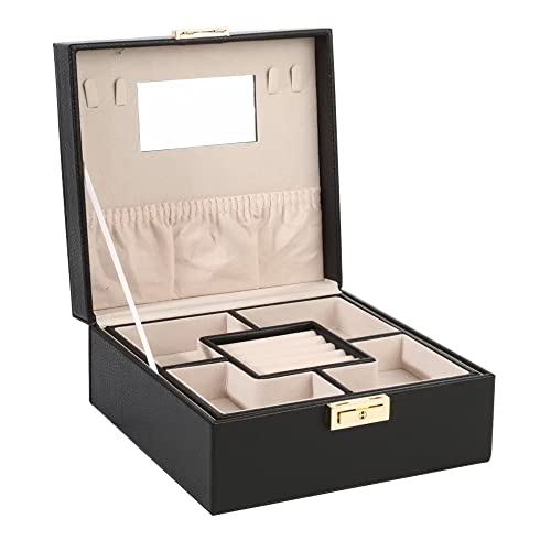SIBY Pu Leather Jewelry Storage Box With Mirror | Square Shape Mini Jewelry Organizer Case For Necklaces Earrings With Two Layer Travel Gifts for Loved Ones | Makeup Display Holder(Black)