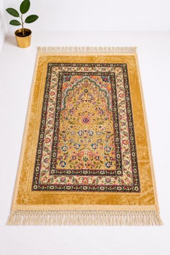 Image of Janamaz Prayer Mat Turkey Soft Velvet | Namaz Mat, Janimaz Namaz Aasan, Islamic Prayer Rug for Salah | 70x110 CM (Printed Gold)