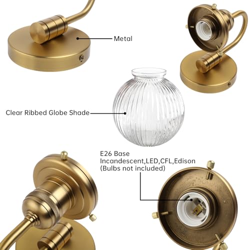 Image of Industrial Vintage 1-Light Wall Sconce with 5.9 inch Round Ribbed Clear Glass Globe Lampshade, U-Shaped Indoor Wall Mounted Lamp Fixture for Bedroom Living Room Bathroom Vanity