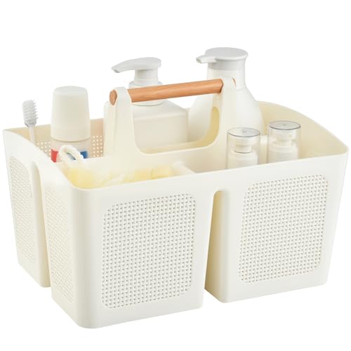 ALINK Portable Shower Caddy Basket with Compartments, Plastic Divided Cleaning Caddy Organizer Storage Tote with Handle for Bathroom, College, Dorm Room Essentials - Beige by ALINK - Used condition - US$16.14